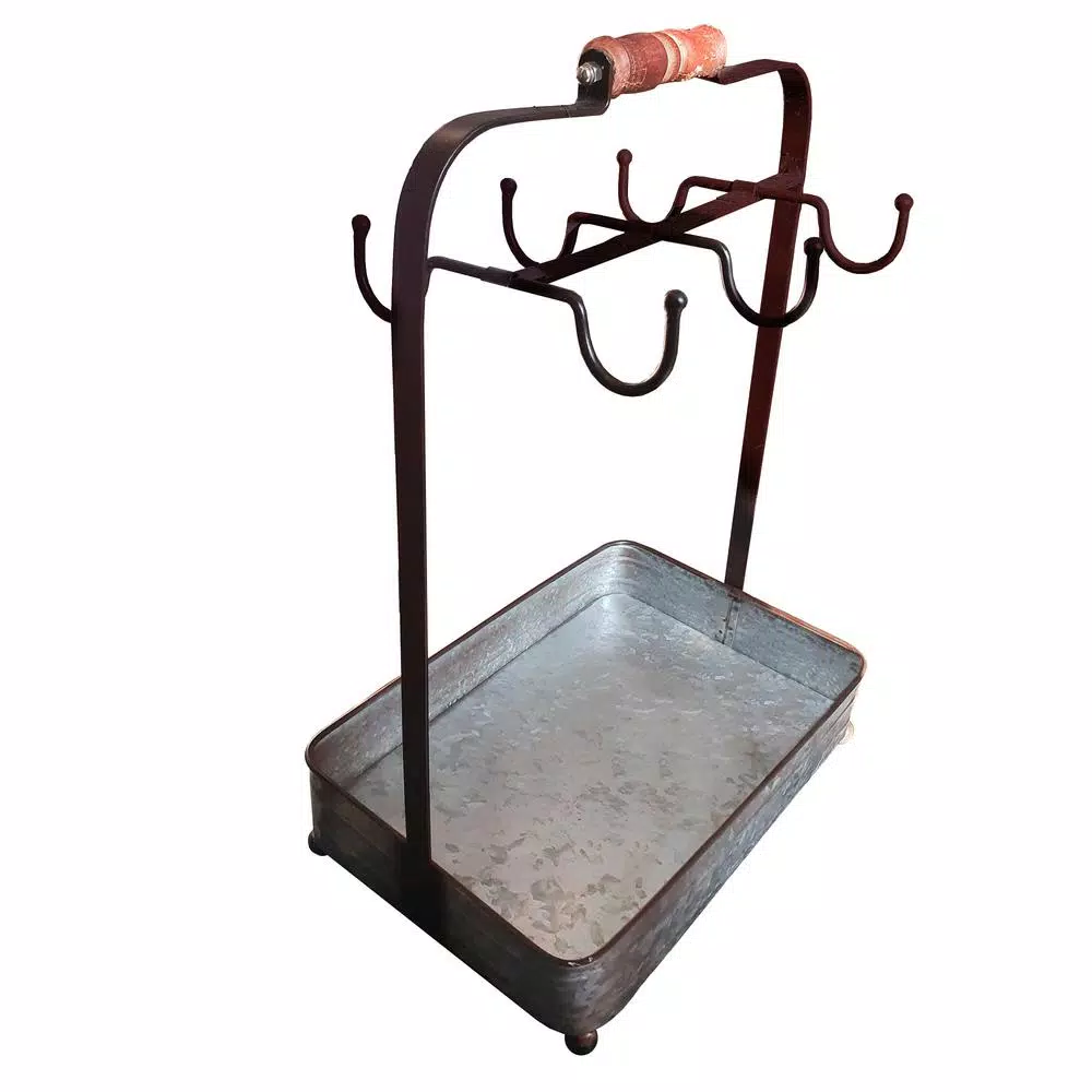 Benzara Rustic Galvanized Metal 6-Hook Crockery Holder with Wooden Handle