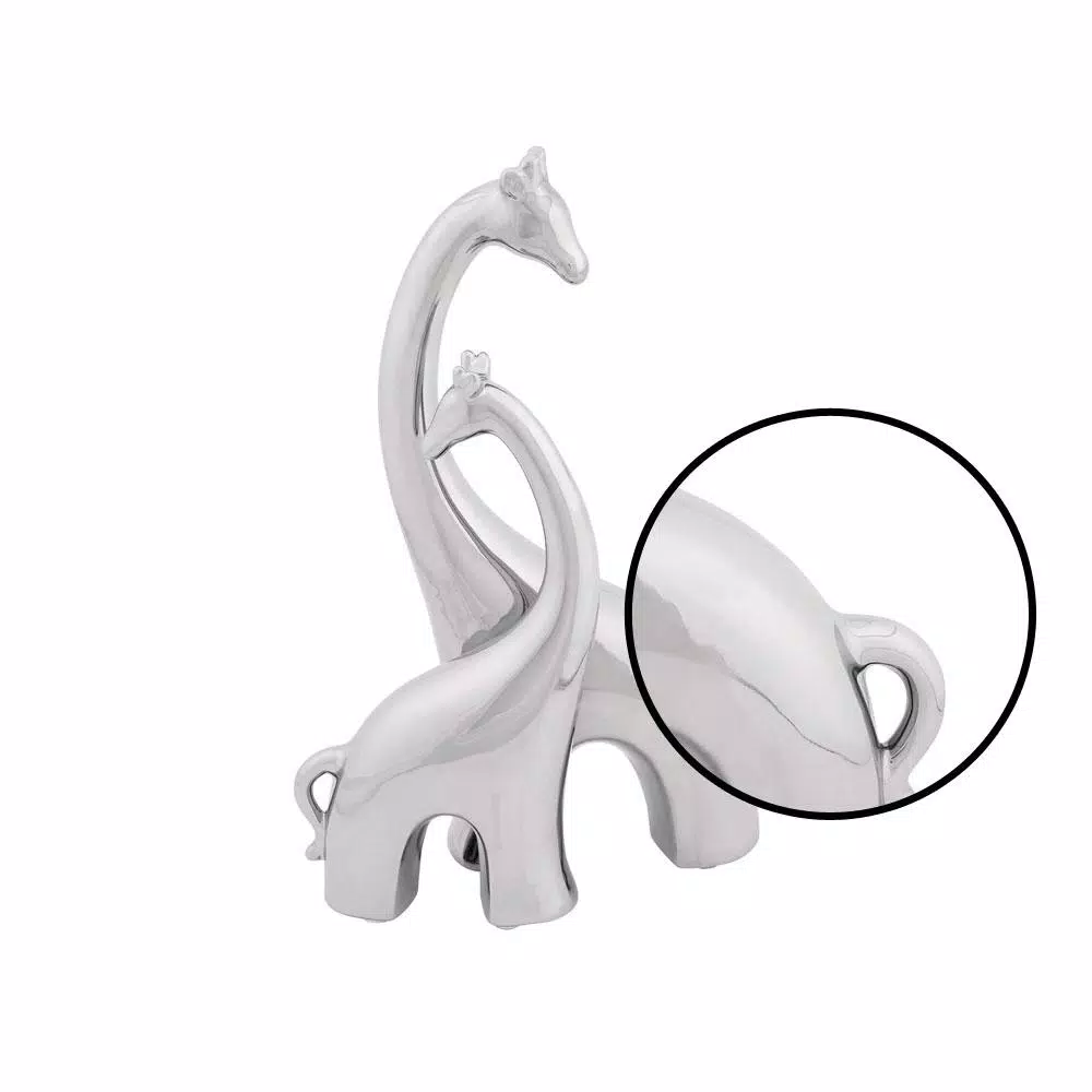 LITTON LANE Abstract Ceramic Giraffe Sculpture - Adult and Young Standing Statues, Polished Silver