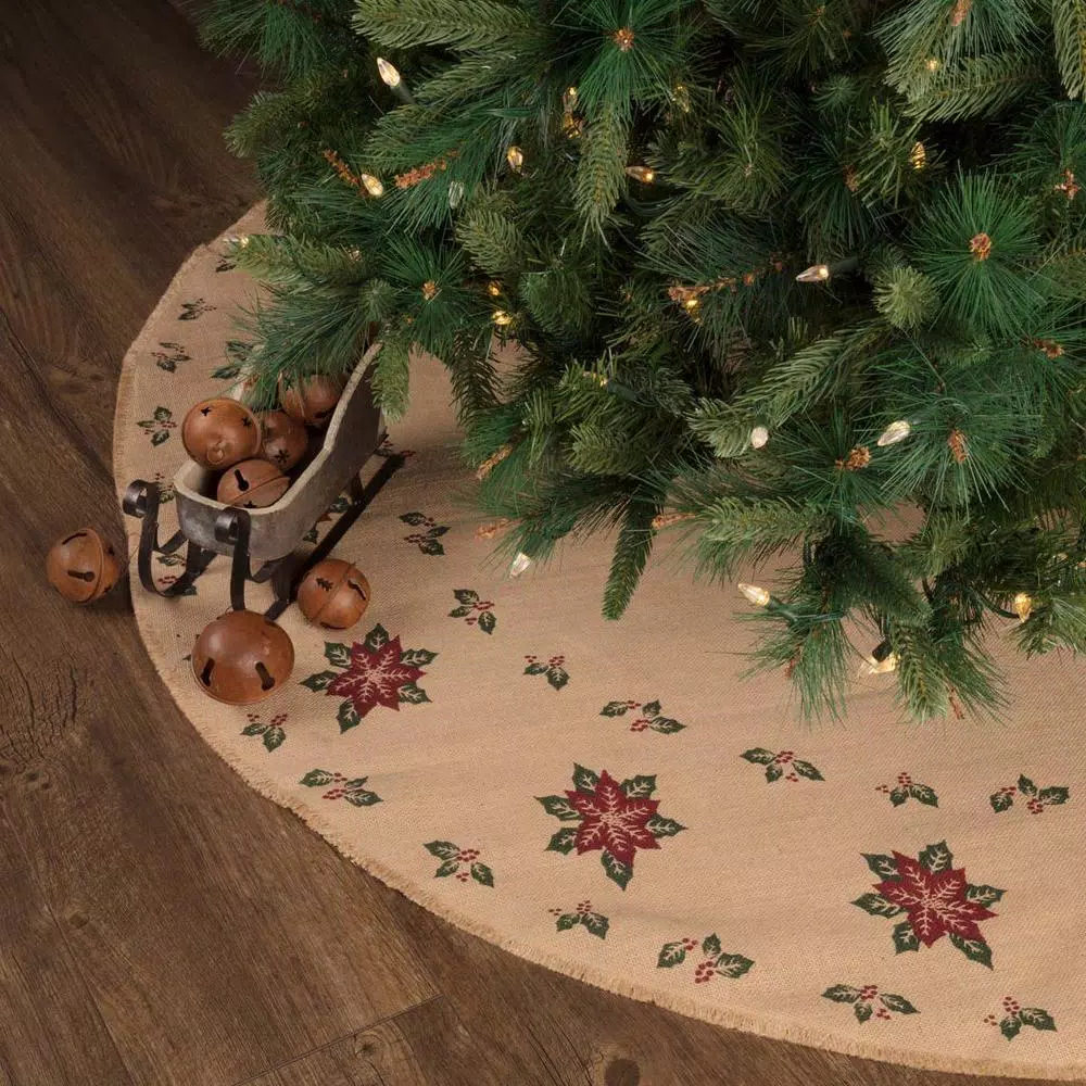 VHC Brands 55 in. Jute Burlap Poinsettia Holiday Tree Skirt - Natural Tan with Holly Berries