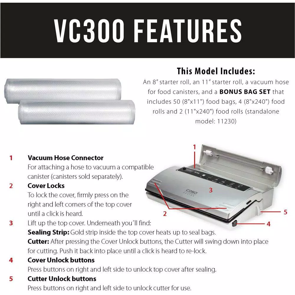 Caso VC 300 Food Vacuum Sealer with Food Management App and Bonus Bag & Roll Set, Silver/Black