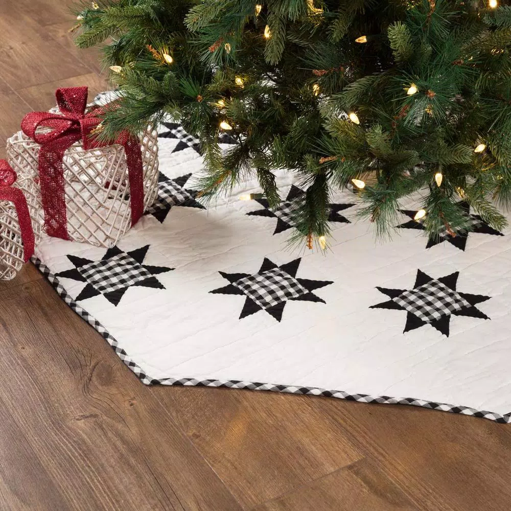 VHC Brands 60 in. Emmie Black and White Patchwork Farmhouse Christmas Tree Skirt