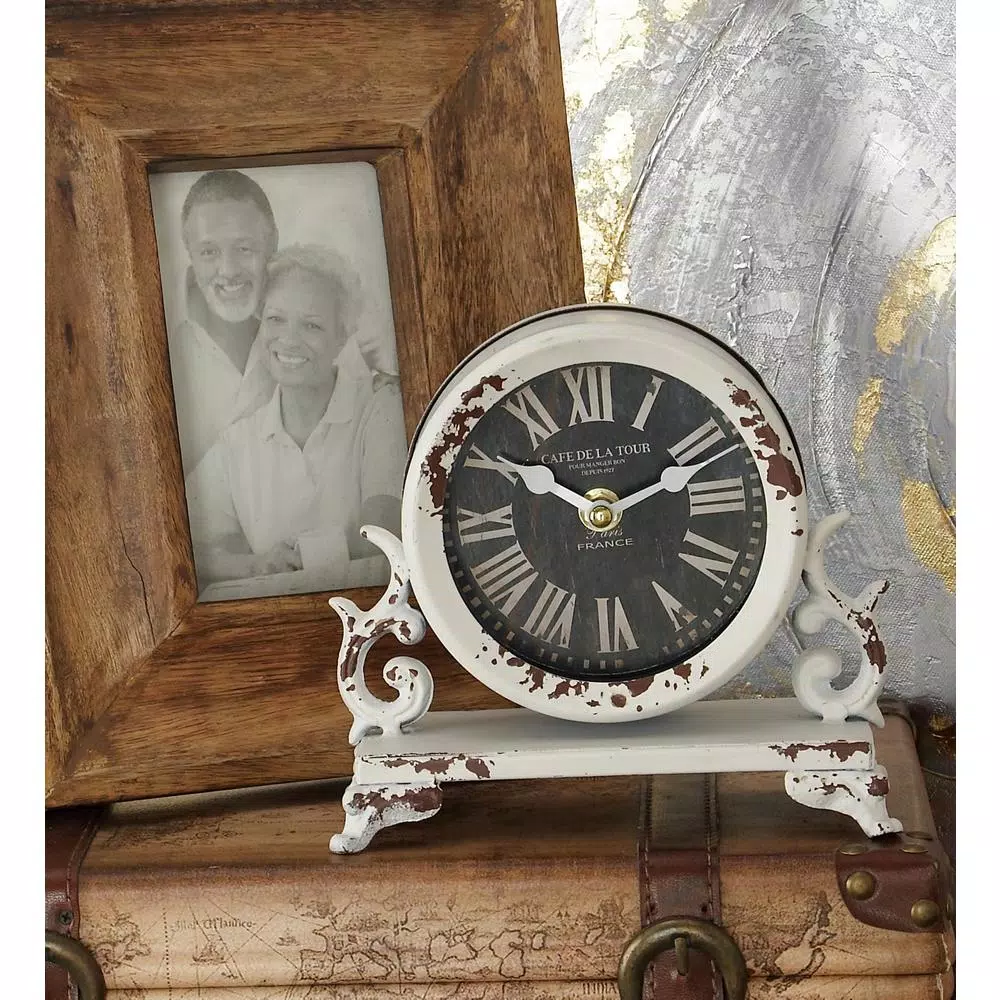 LITTON LANE 7 in. Iron Black and Vintage White Round Table Clocks with Scrollwork Base, Set of 2