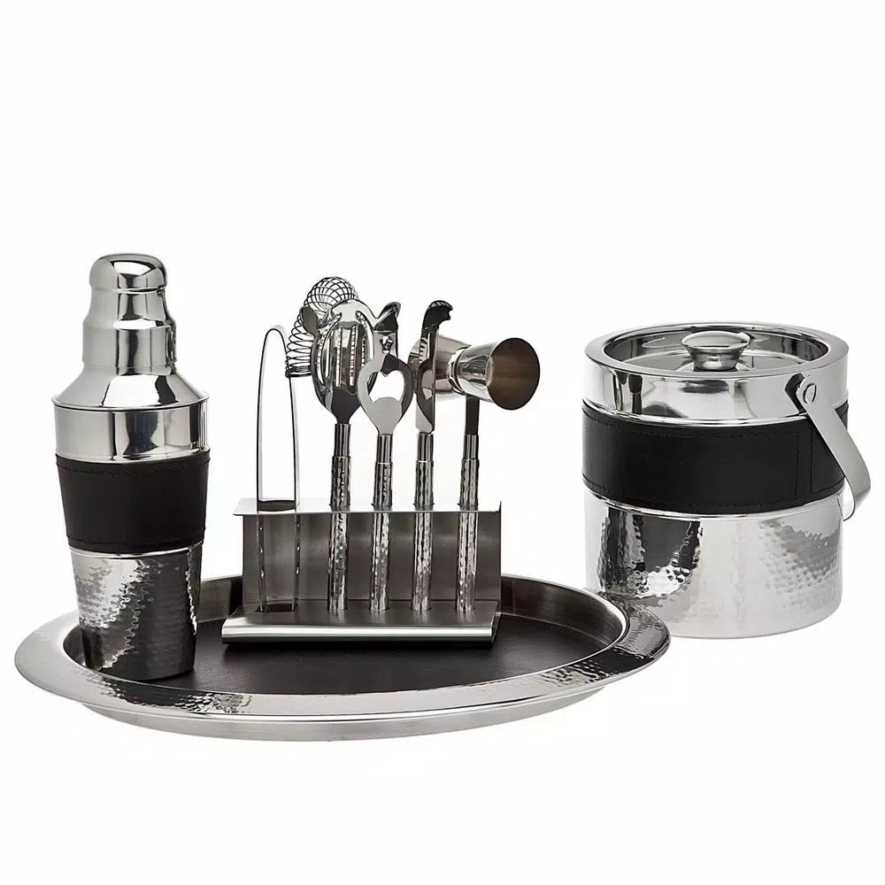 Godinger 9-Piece Black Leather and Hammered Stainless Steel Barware Set with Round Tray