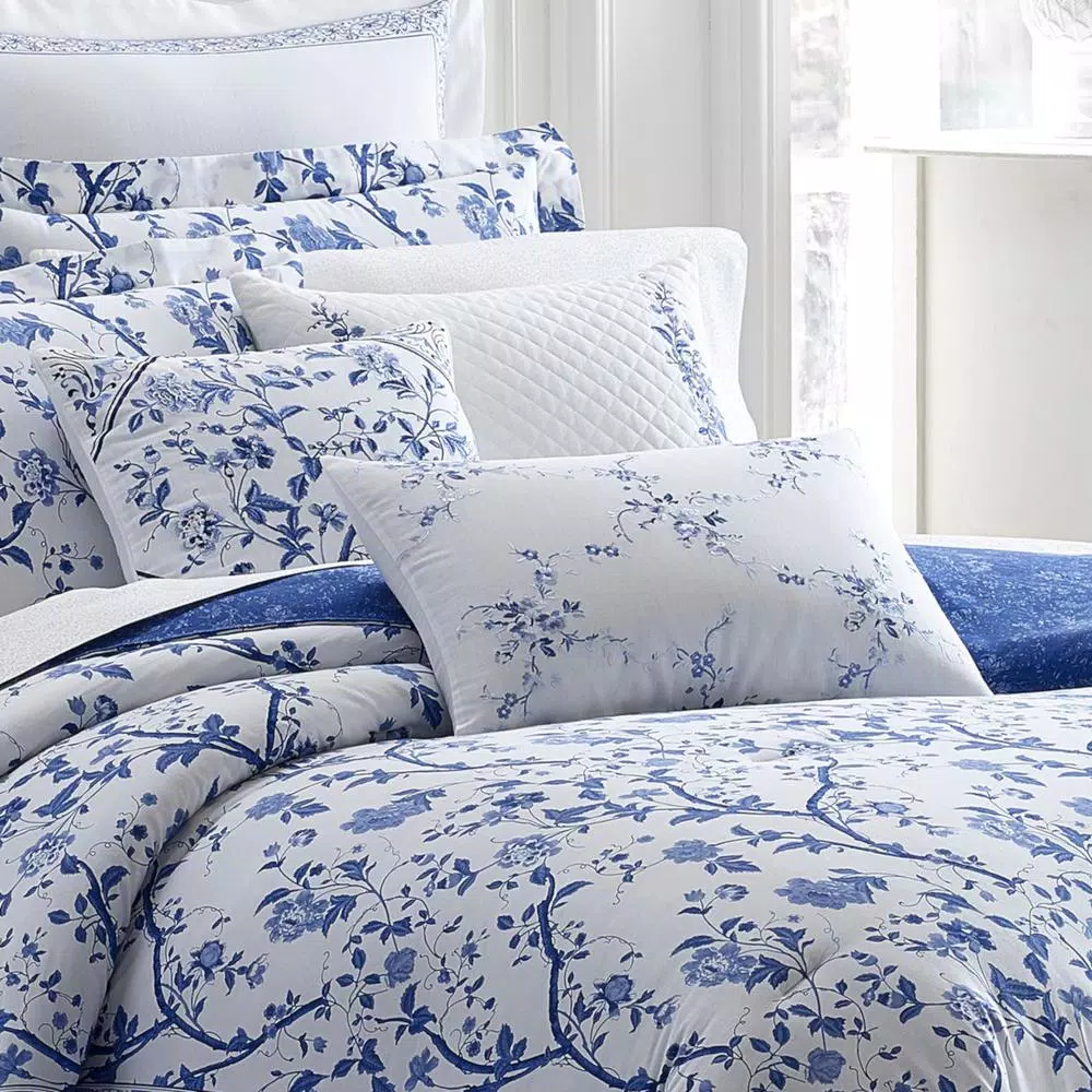 Laura Ashley Charlotte China Blue Floral Cotton Blend 16 x 20 in. Throw Pillow