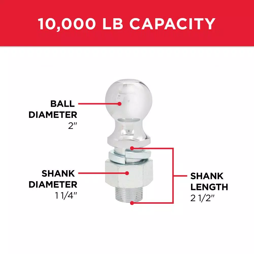 TowSmart 2 in. Chrome Hitch Ball, 10,000 lb. Capacity, 1-1/4 in. Shank Diameter