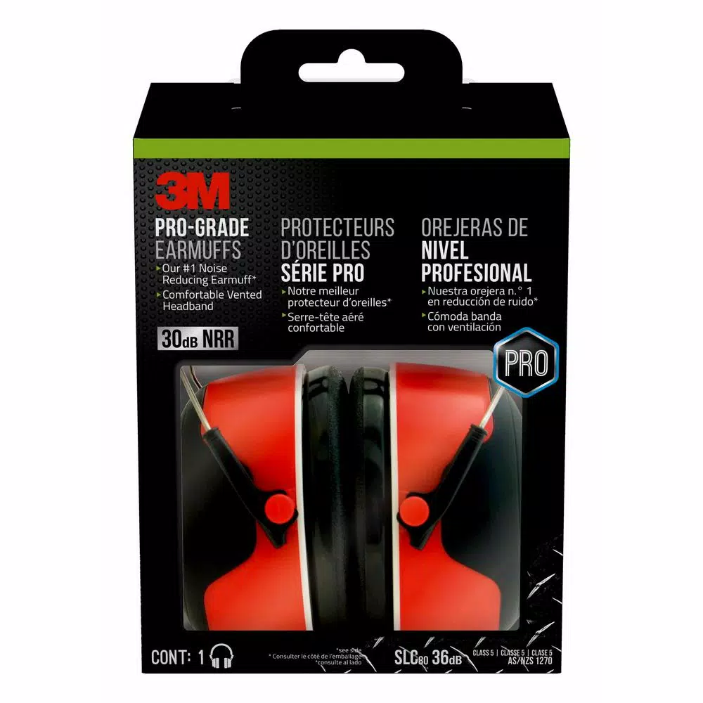 3M Pro-Grade Earmuffs, High NRR 30dB Hearing Protection, Red and Black