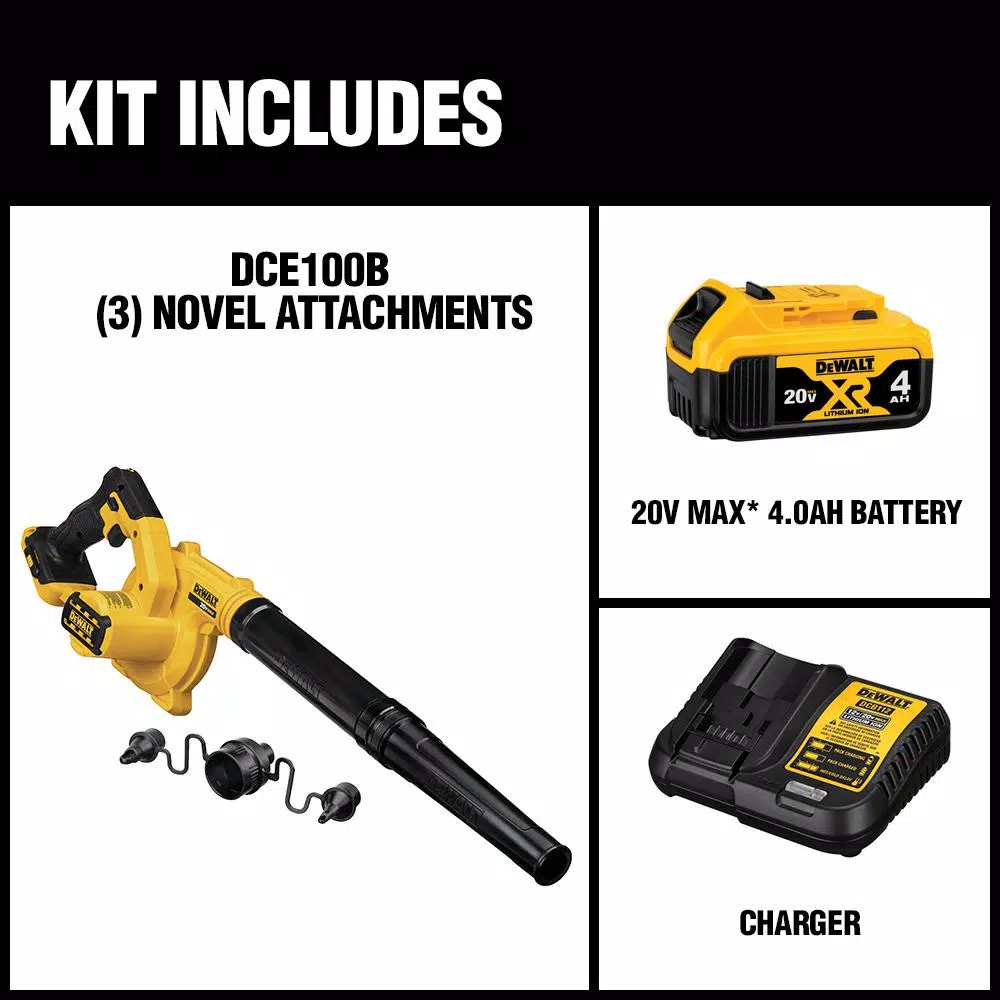 DEWALT 20V MAX Cordless Compact Jobsite Blower Kit with 4.0 Ah Battery and Charger, 135 MPH, 100 CFM