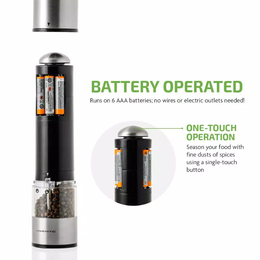 Ovente Electric Salt and Pepper Grinder Set, Stainless Steel with Ceramic Blades, Battery Operated