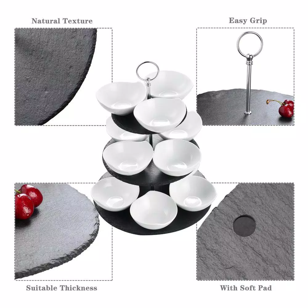 MALACASA 3-Tier Black Slate Round Cupcake Tower & Dessert Display Stand