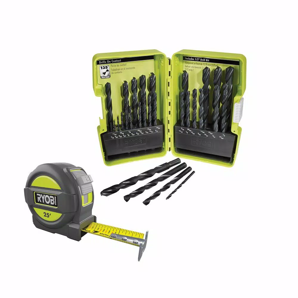 RYOBI 29-Piece Black Oxide Index Drill Bit Set with Bonus 25 ft. Tape Measure