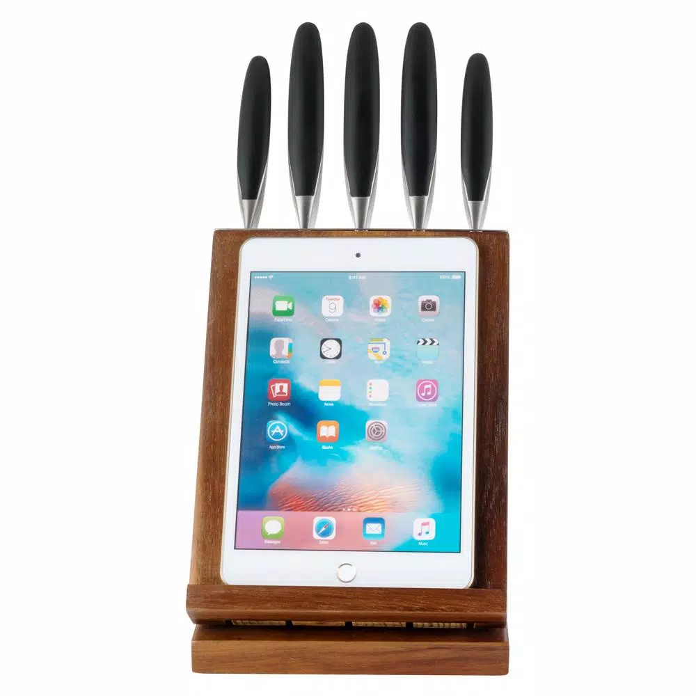 Ozeri 6-Piece Japanese Stainless Steel Knife Set with Rotating Acacia Wood Block and Tablet Holder