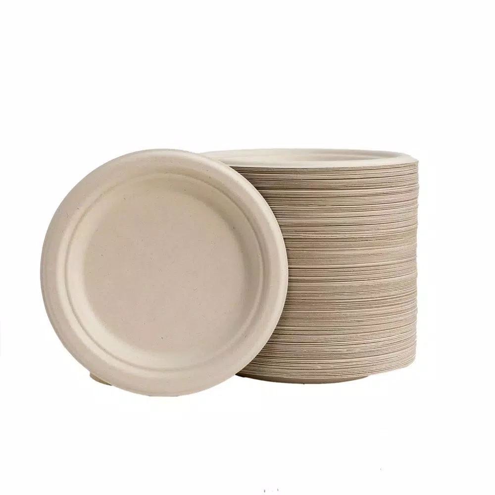 Unbranded 7 in. Natural Sugarcane Plates, 600 Pack - Eco-Friendly & Compostable Disposable Plates
