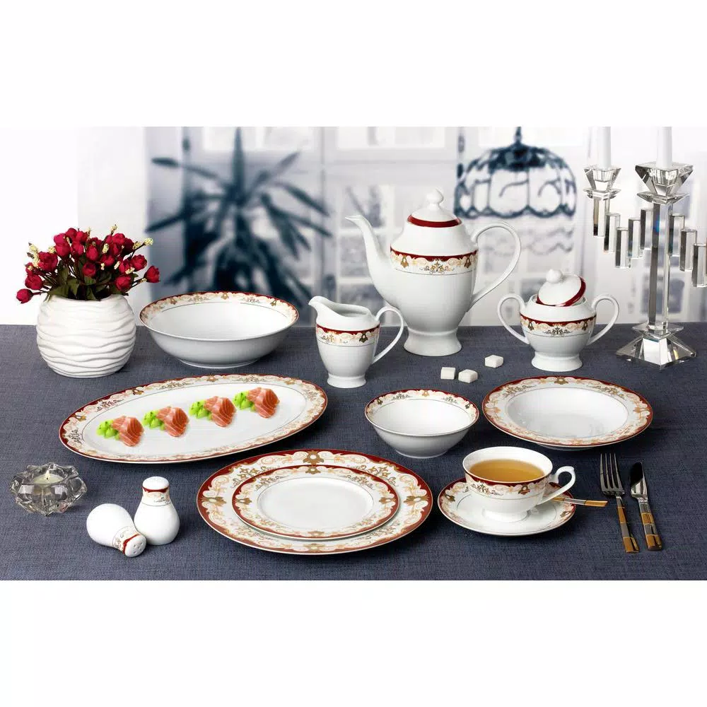 Lorren Home Trends La Luna Mabel 57-Piece Red Bone China Dinnerware Set, Service for 8
