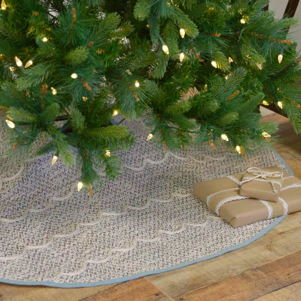 VHC Brands Sanbourne 48 in. Creme White Coastal Christmas Tree Skirt with Turquoise Chambray Trim
