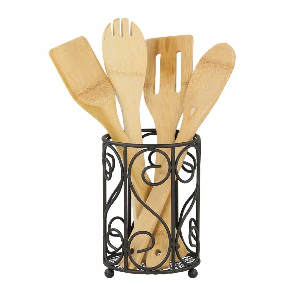 Unbranded Scroll Collection Black Steel Utensil Holder with Mesh Bottom and Non-Skid Feet