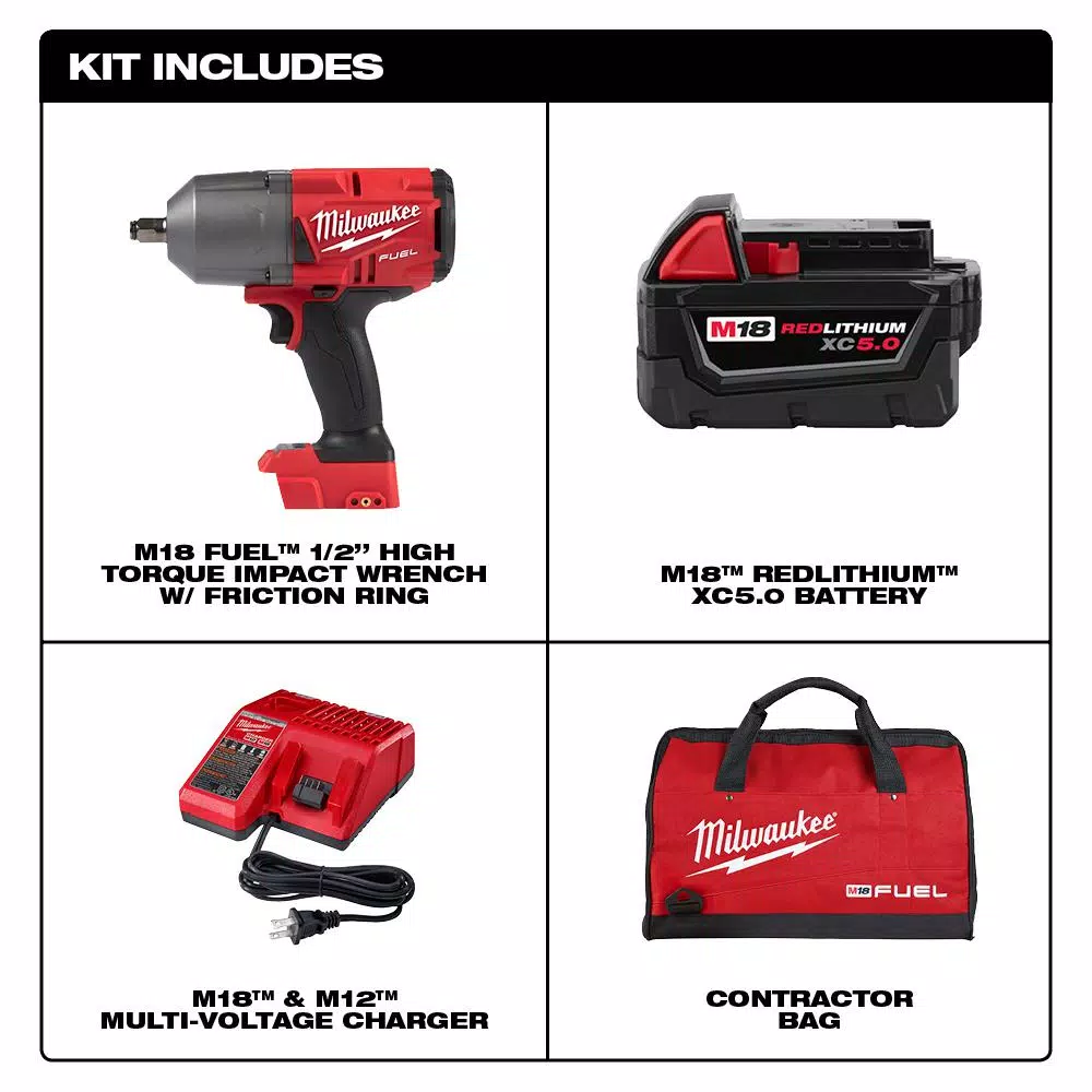 Milwaukee M18 FUEL 1/2 in. High Torque Impact Wrench Kit w/ 5.0 Ah Battery & Bag