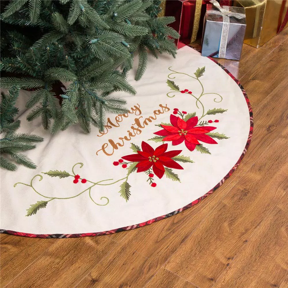 Glitzhome 48 in. Poinsettia Fabric Christmas Tree Skirt with Holly and Red Berries