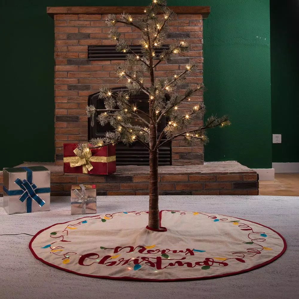Glitzhome 48 in. LED Embroidered Linen Christmas Tree Skirt - Merry Christmas