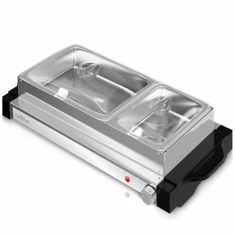 NutriChef 21.9 in. Stainless Steel Dual Plate Electric Food Warming Tray Buffet Server