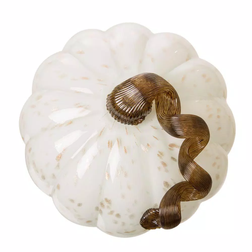 Glitzhome 7.09 in. Golden and White Hand-Blown Glass Pumpkin - Handmade Fall Harvest Decor