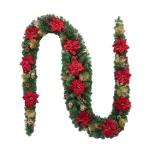 Home Accents Holiday Home Holiday Accents 17 ft. Burgundy Poinsettia Mixed Pine Garland with Berries and Gold Glitter Cedar thumbnail 1