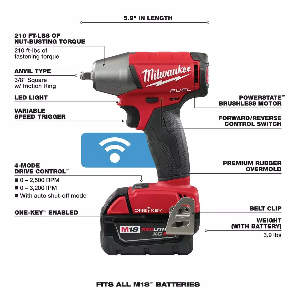 Milwaukee M18 FUEL ONE-KEY 3/8 in. Compact Impact Wrench Kit w/ (2) 5.0 Ah Batteries & Charger