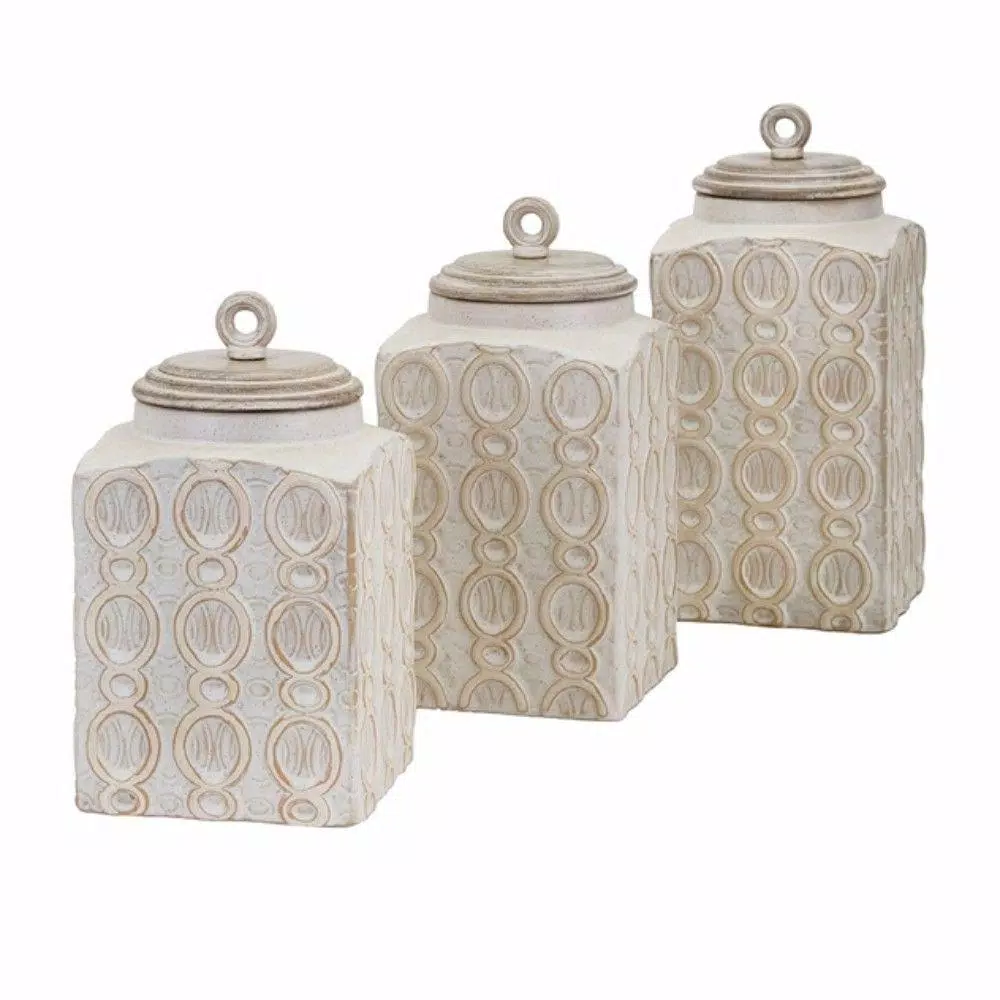 Benjara Dreanna 3-Piece White Ceramic and Mango Wood Canister Set with Distressed Cream Finish