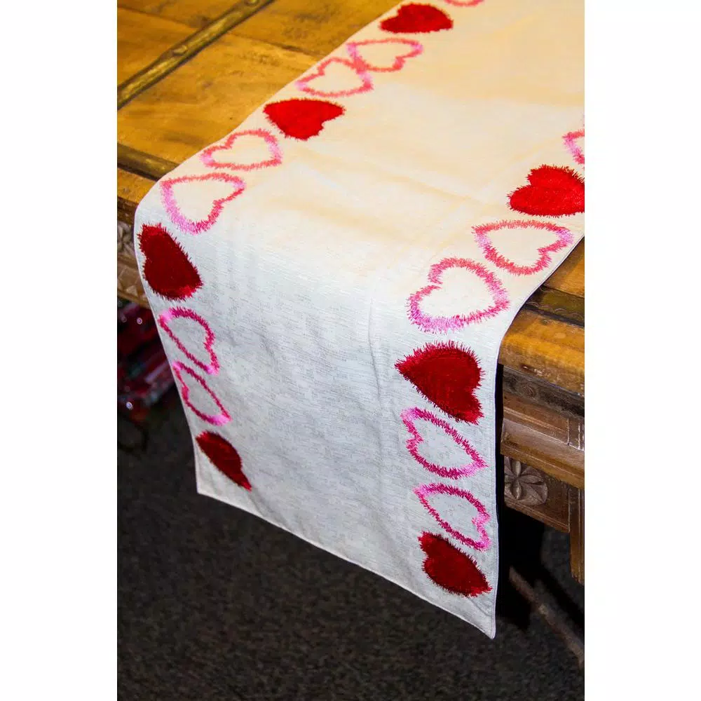 Lintex Linen Radiant Heart Cotton and Poly Table Runner, Cream with Multi-Colored Hearts
