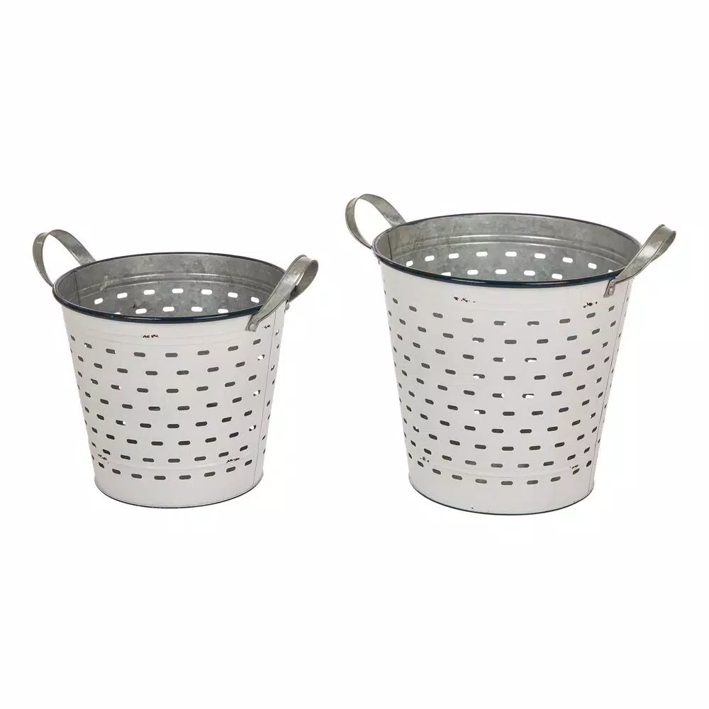 Glitzhome Farmhouse Enamel Metal Basket Set of 2 - White and Galvanized Iron Storage Baskets