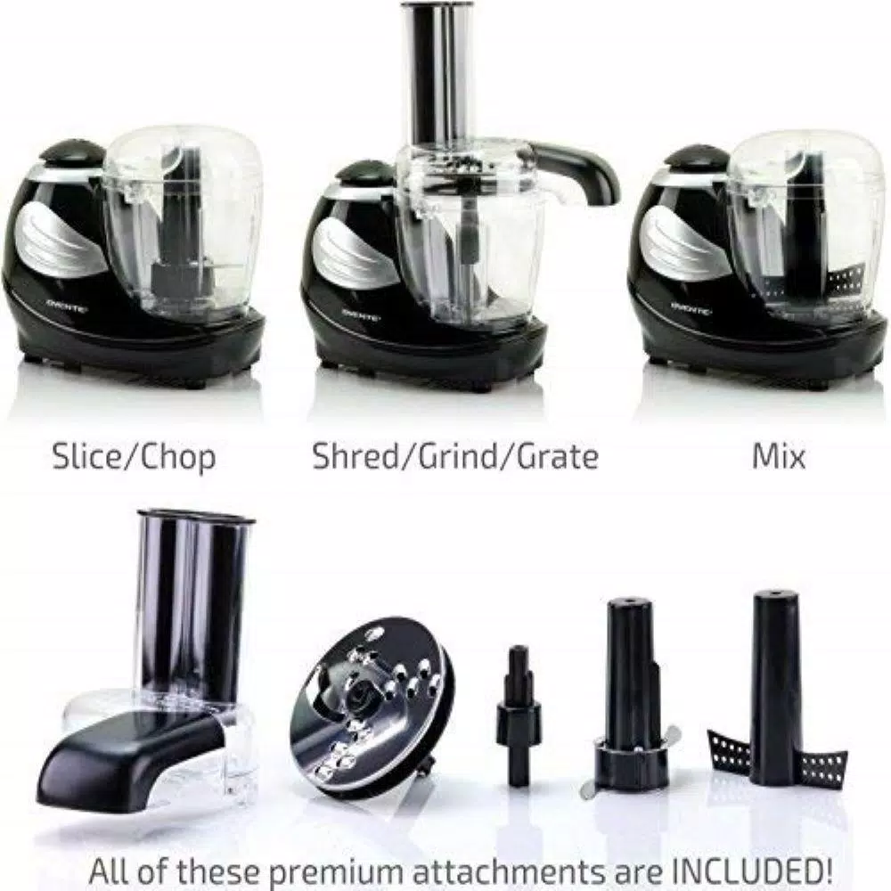 Ovente PF1007 Mini Food Processor, 1.5-Cup Single Speed Compact Chopper with 3 Attachments, Black