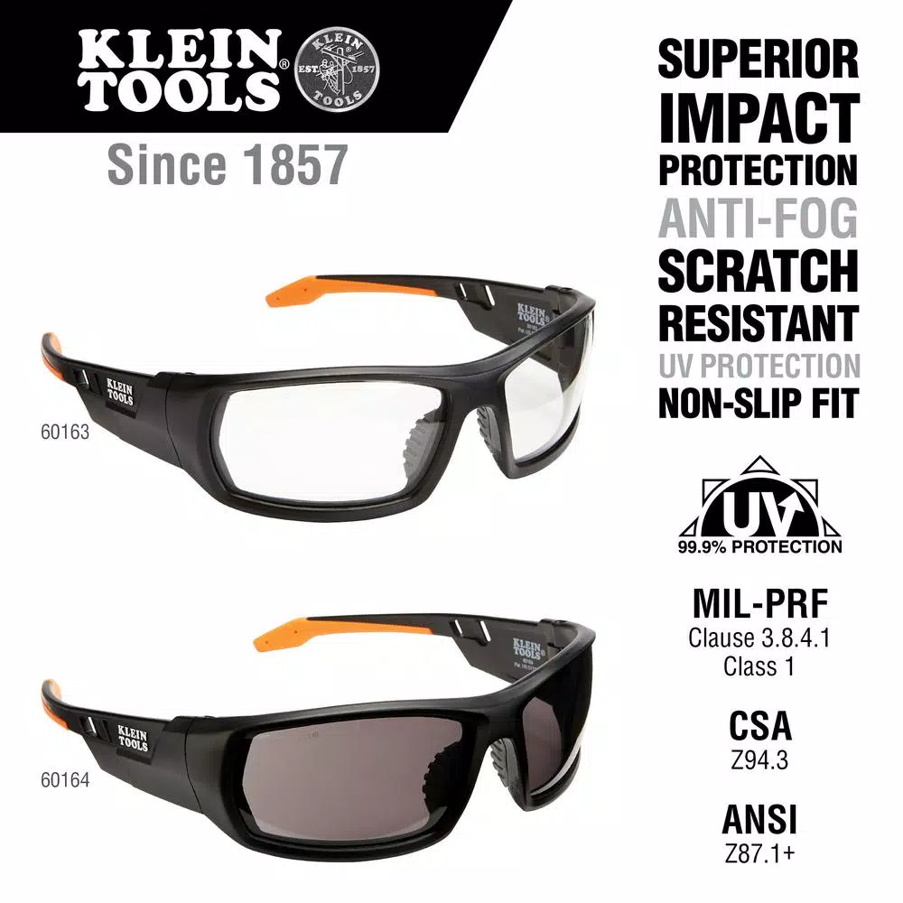 Klein Tools Professional Safety Glasses, Clear Polycarbonate Lens, Black/Orange Frame