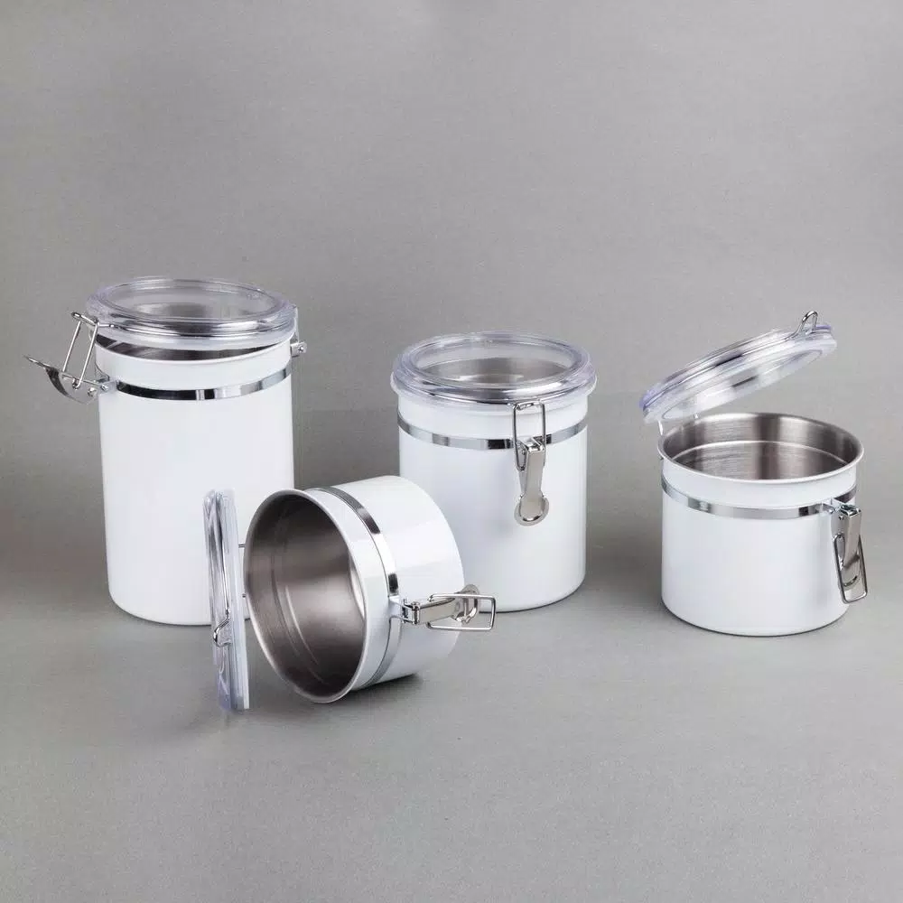 Creative Home 4-Piece White Stainless Steel Canister Set with Airtight Locking Clamp Lids