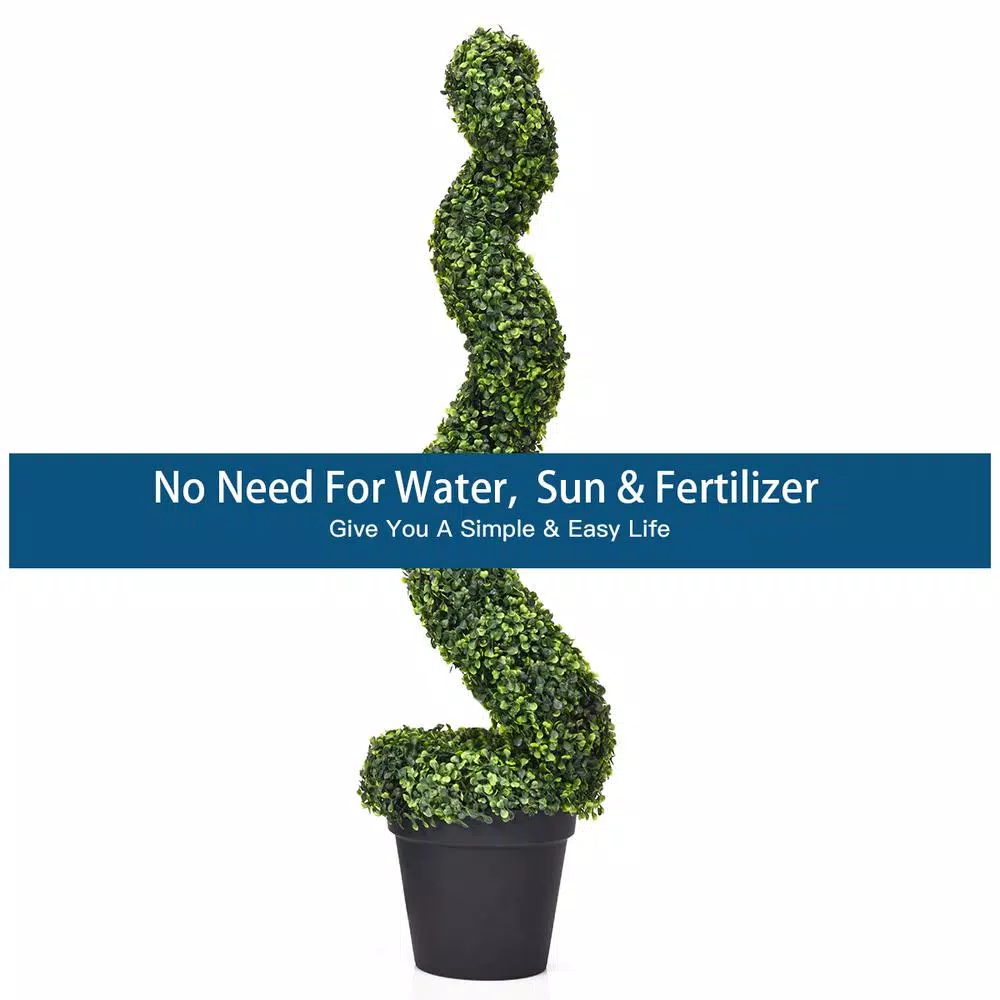 Costway Artificial Boxwood Spiral Topiary Tree Set of 2 - Indoor/Outdoor Decorative Plants with Cement Pot