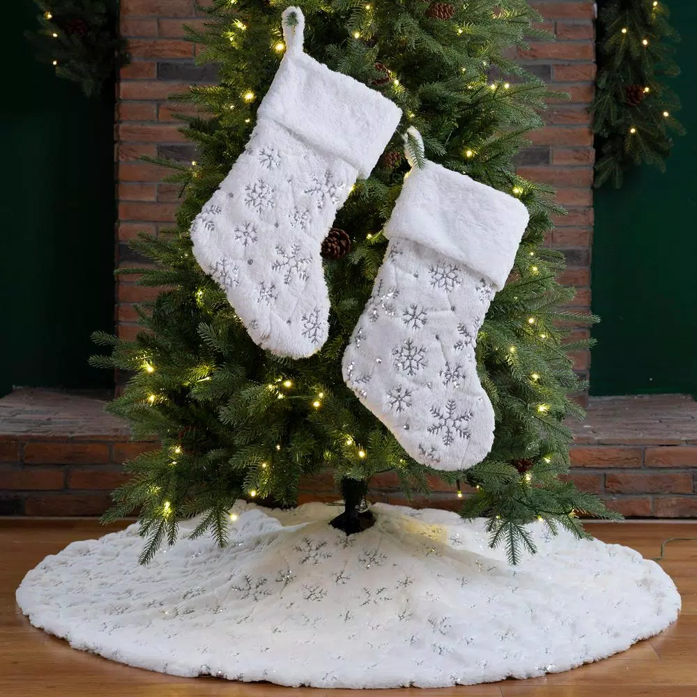 Unbranded 48 in. White Plush Tree Skirt and 2 Stockings Set with Snowflake Embroidery and Beaded Design