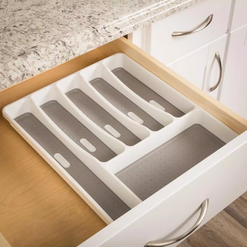 Real Solutions for Real Life White Plastic 6-Compartment Utensil Drawer Organizer Tray