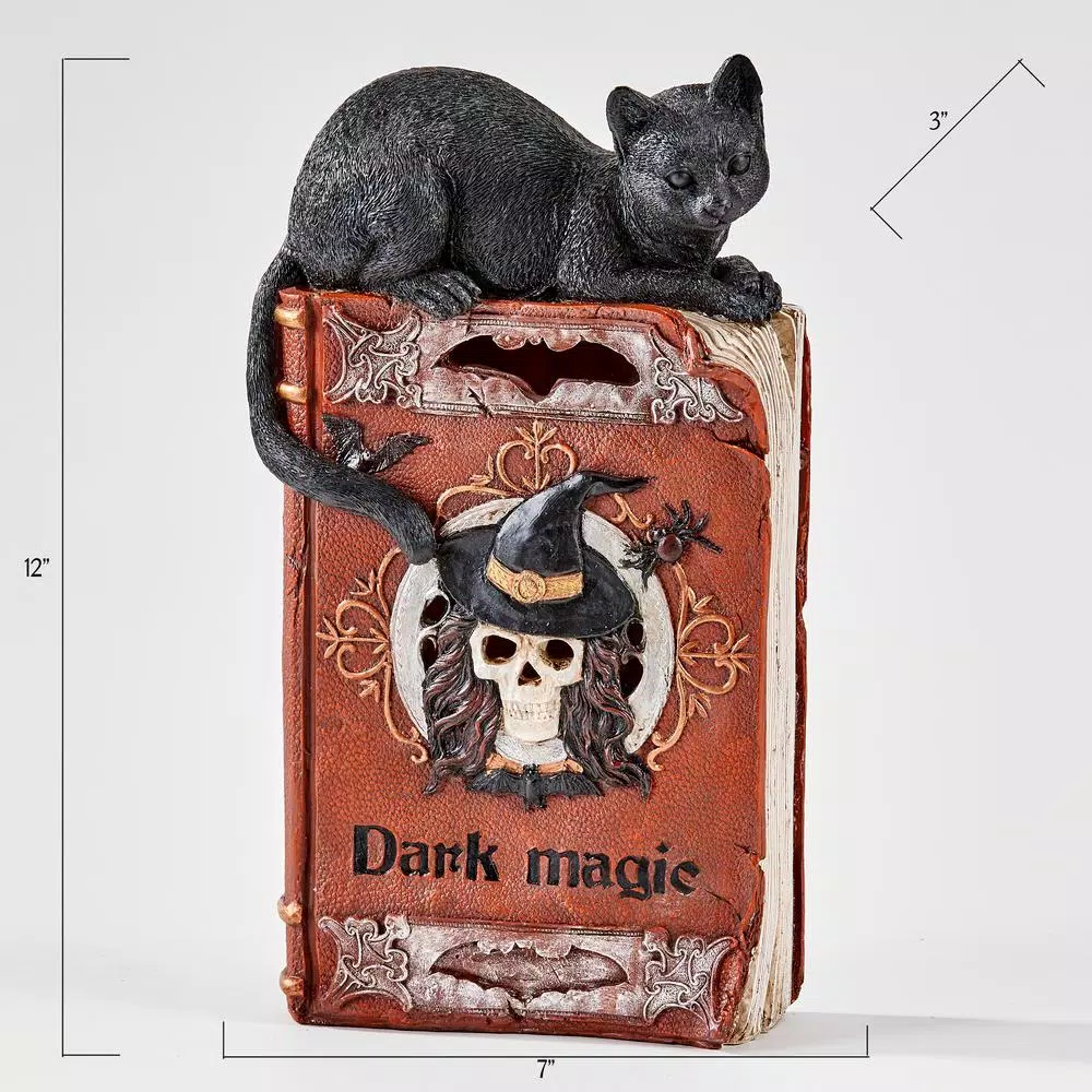 Worth Imports 12 in. Halloween Light Up LED Black Cat on Spell Book Tabletop Decoration