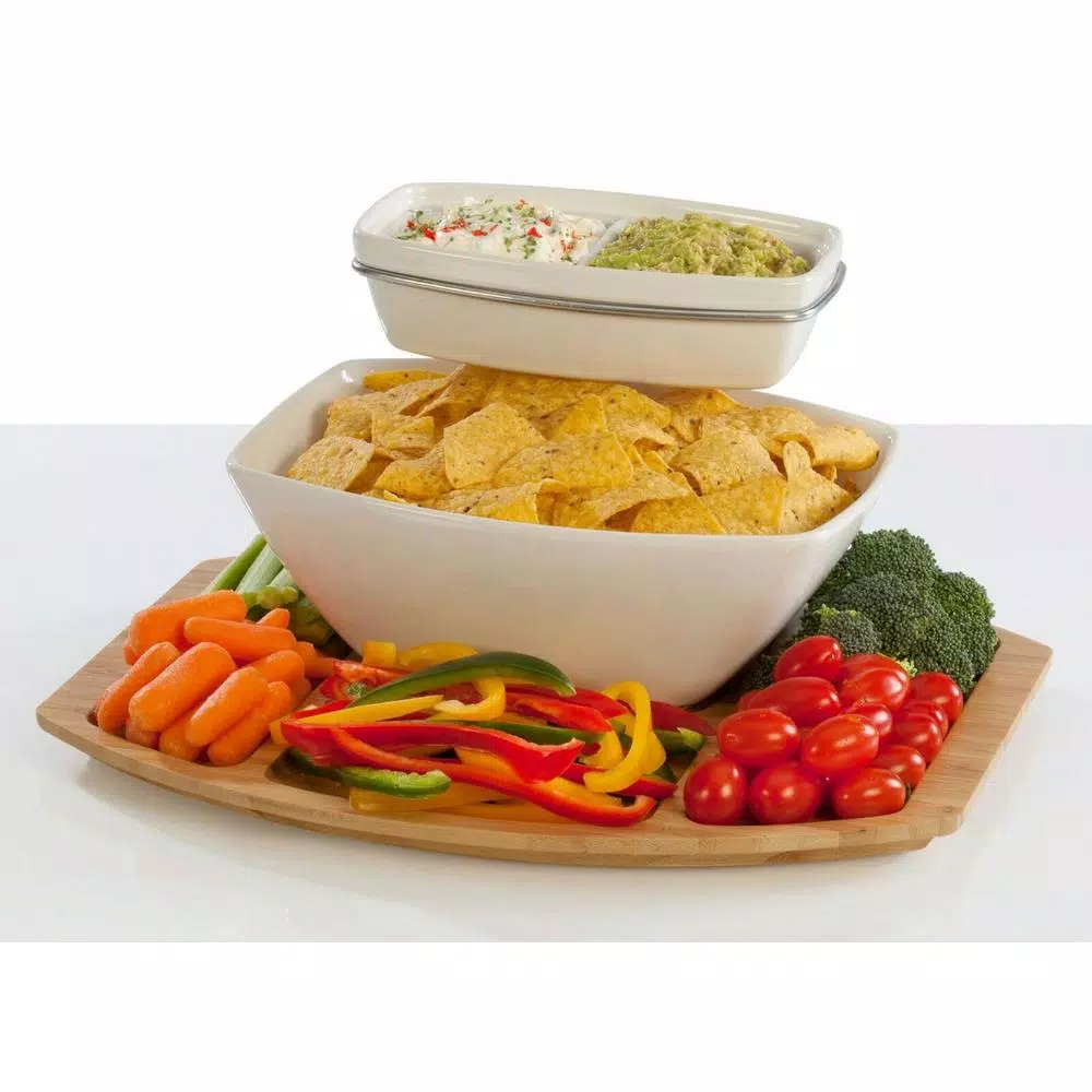 Unbranded Creative Ware TableStyles Bamboo and Ceramic Chip 'n Dip Party Server Set