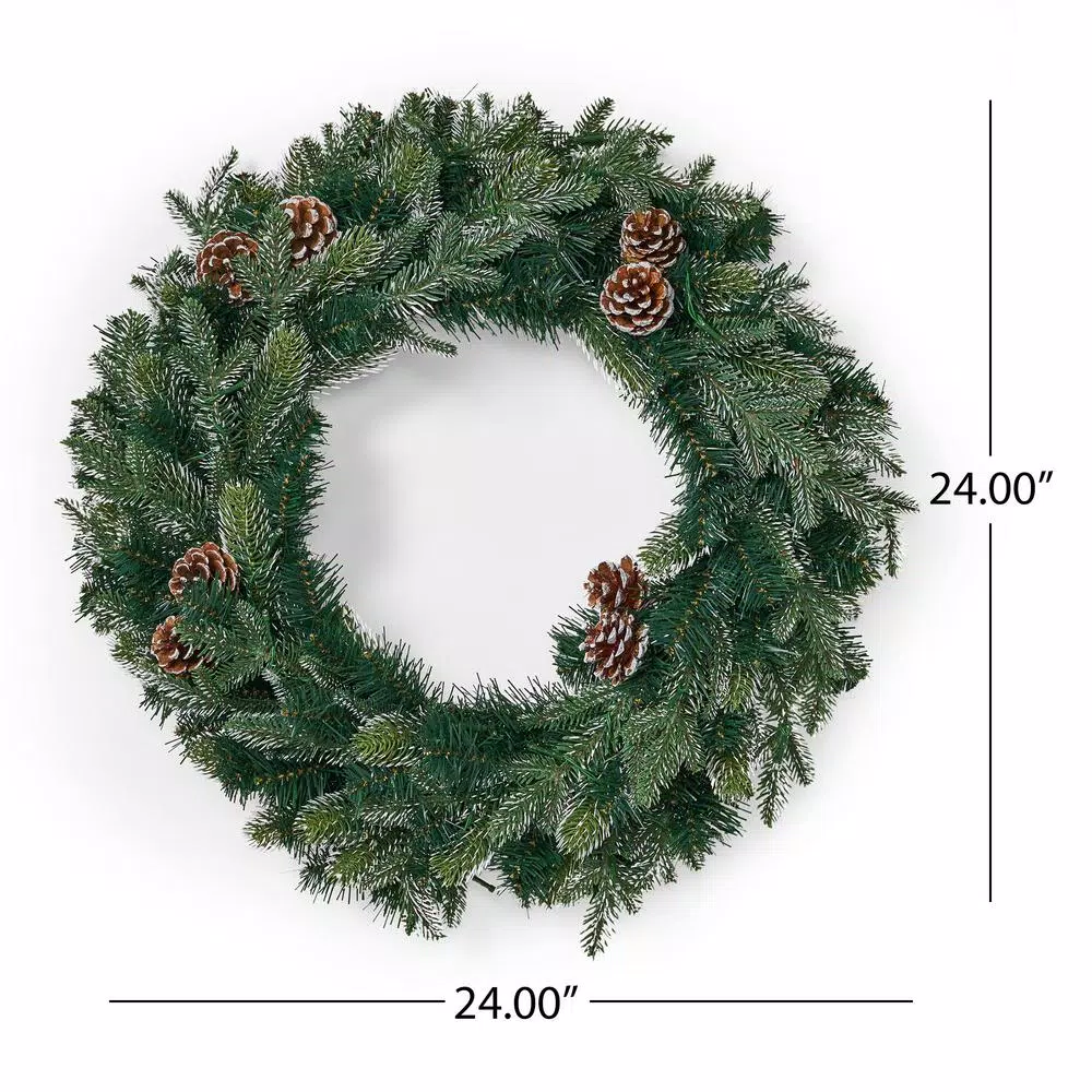 Noble House 24 in. Mixed Spruce Artificial Christmas Wreath with Pine Cones and Warm White LED Lights