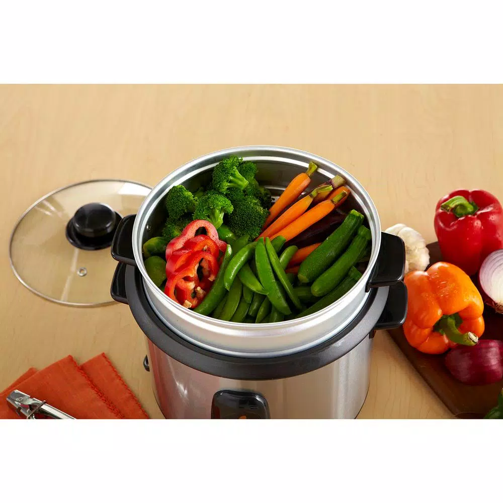 IMUSA 20-Cup Stainless Steel Rice Cooker with Non-Stick Interior and Steamer Insert