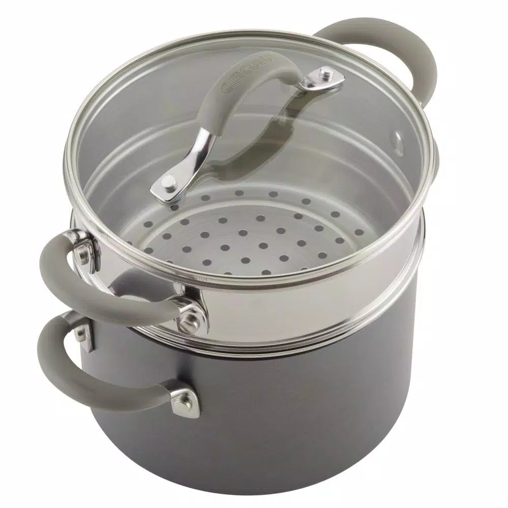 Circulon Elementum 3 Qt. Hard-Anodized Nonstick Covered Multipot with Steamer Insert, Oyster Gray