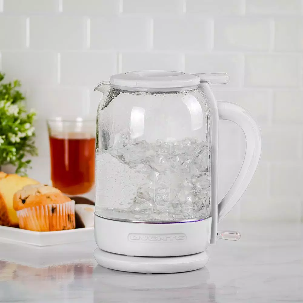 Ovente 1.5L White Glass Electric Kettle with ProntoFill Technology, 1500W
