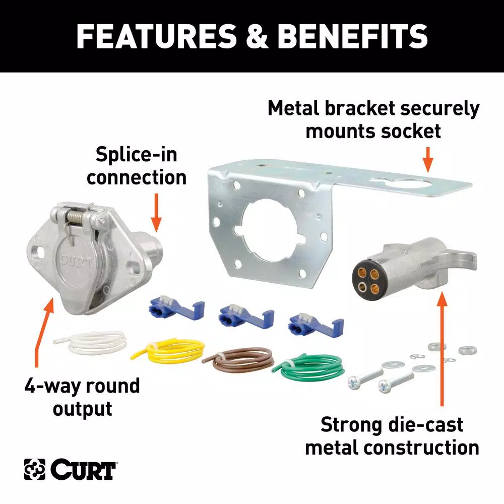 CURT 4-Way Round Trailer Connector Kit with Plug, Socket, and Hardware