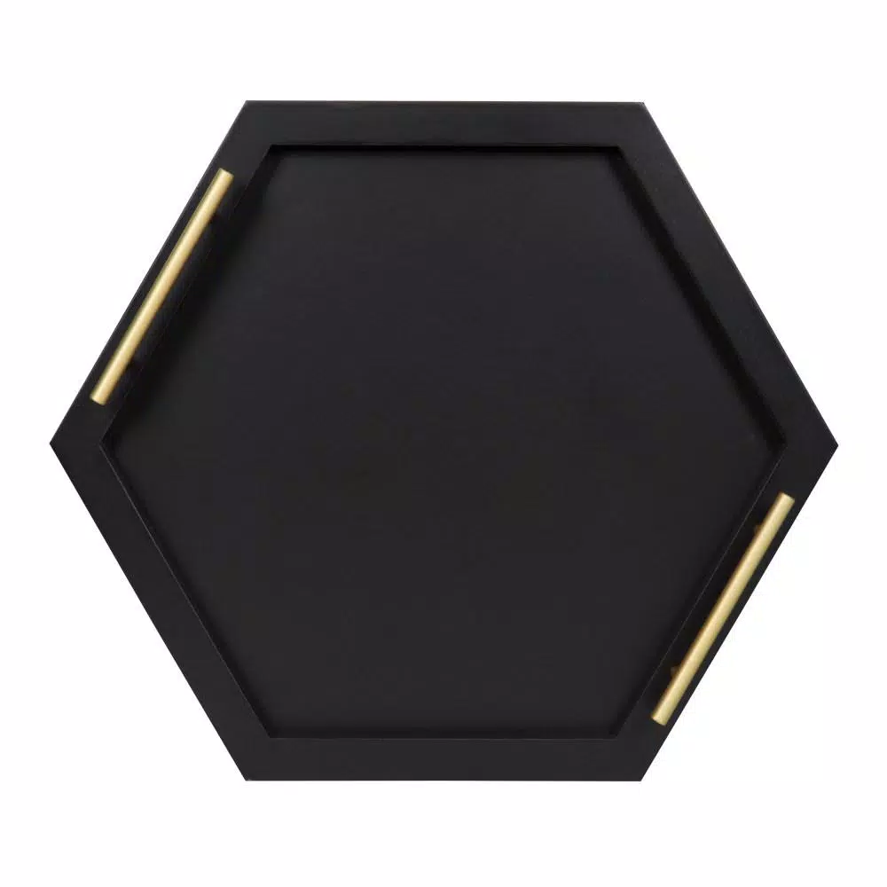 Kate and Laurel Halsey Black Hexagon Decorative Wooden Tray with Gold Metal Handles