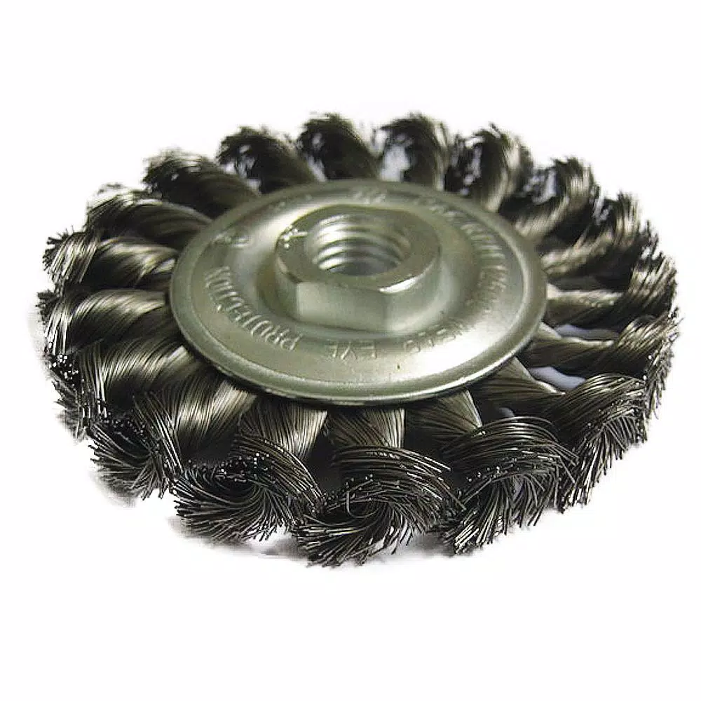 Robtec 4 in. Stainless Steel Twisted Knot Wire Wheel Brush, 5/8"-11 Threaded Arbor