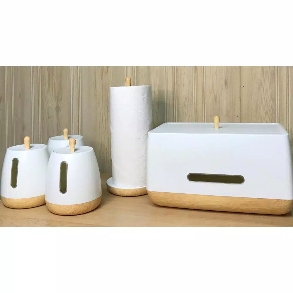 Jiallo European Collection 5-Piece Kitchen Storage Set - White Plastic Canisters & Bread Box