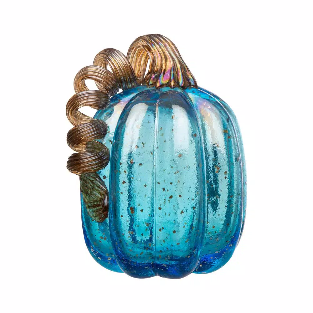Glitzhome Set of 3 Blue Hand-Blown Glass Pumpkins - Decorative Tabletop Autumn Ornament
