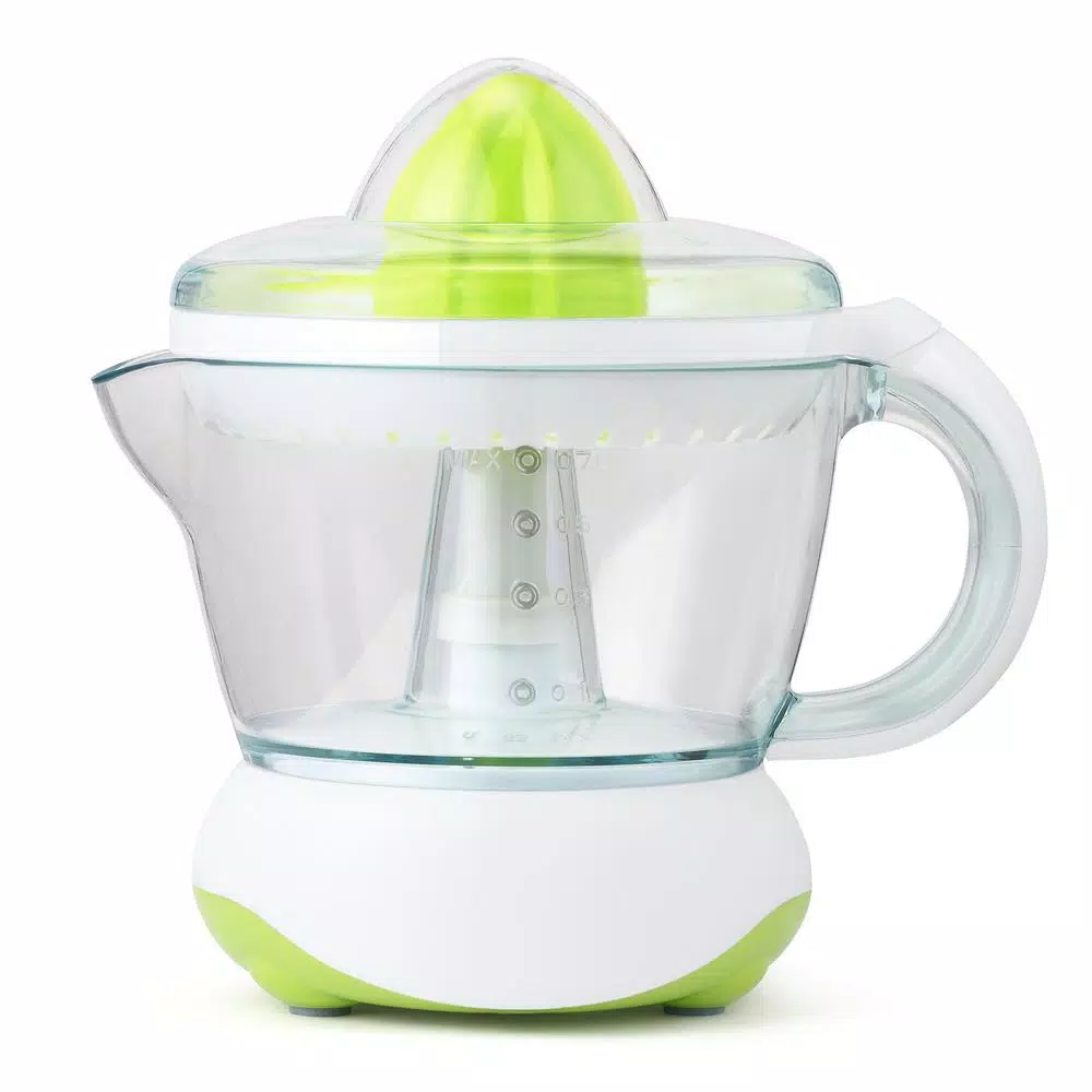 Continental Electric 40W Electric Citrus Juicer, 24 oz. White/Green Juicer with Dust Cover and Easy Pour Spout
