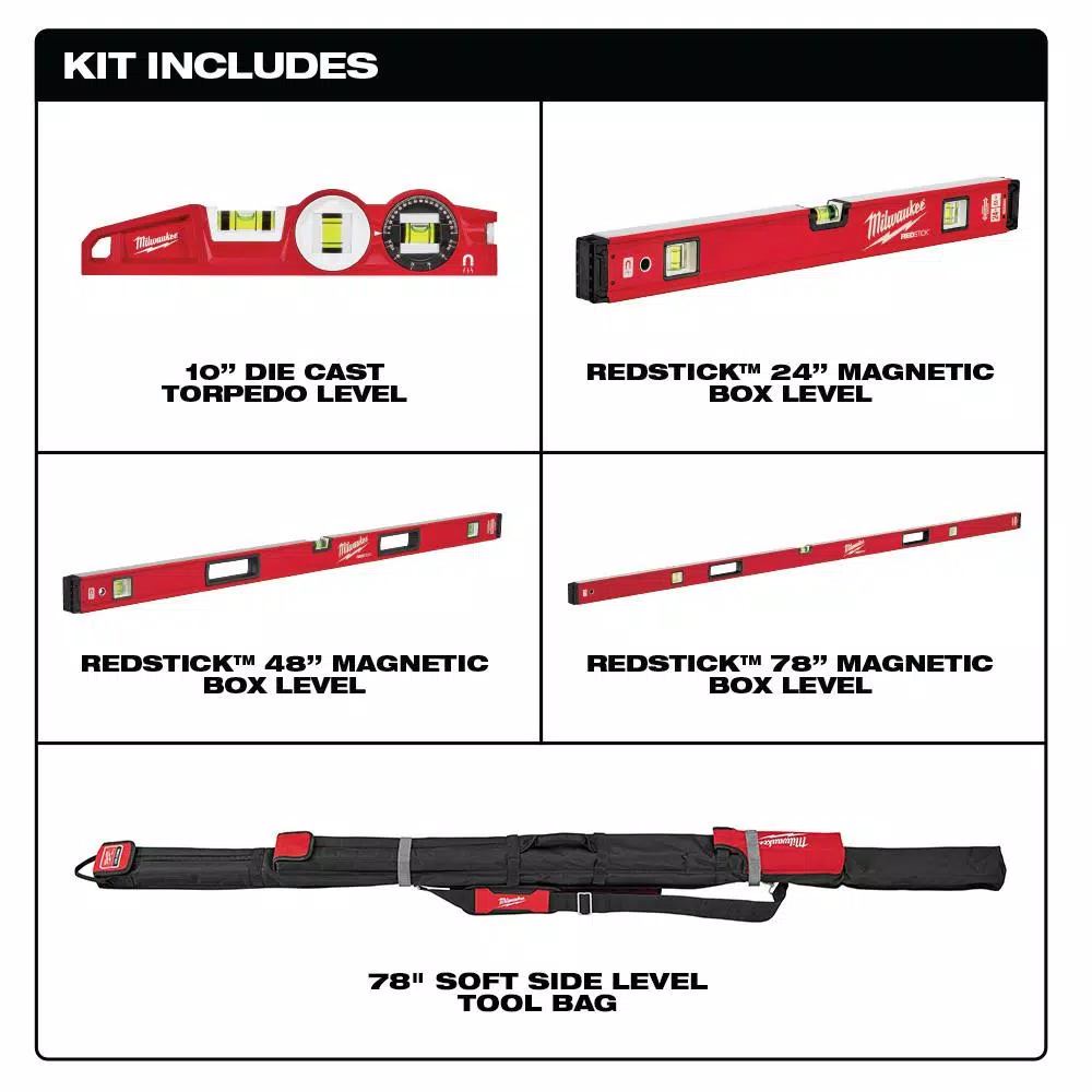 Milwaukee REDSTICK Magnetic Box and Torpedo Level Set with 48 in. Storage Bag