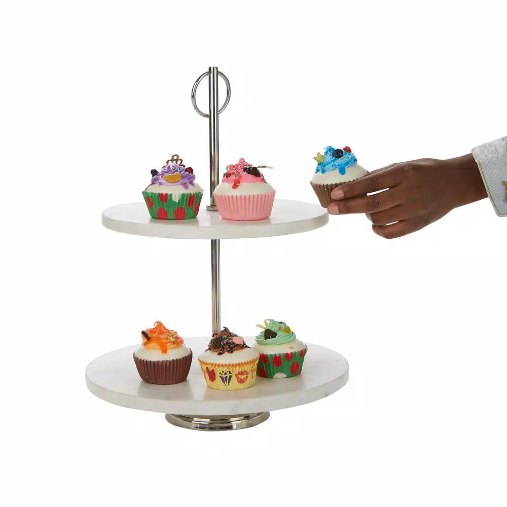 Mind Reader White 2-Tier Marble Pastry Stand, Elegant Cupcake Display Holder & Tiered Dessert Serving Tray