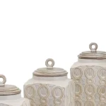 Benjara Dreanna 3-Piece White Ceramic and Mango Wood Canister Set with Distressed Cream Finish thumbnail 4